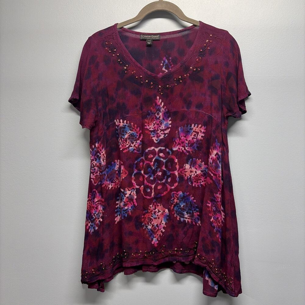 Greater Good T Shirt Top Women’s Sz S/M - Red Boho Short Sleeve Curved Hem Rayon